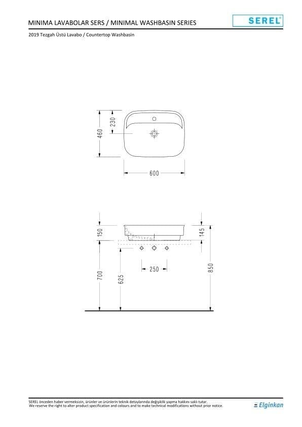Serel Nıta Köşeli Batarya Delikli Lavabo (46X60) 2069TXS110H – Tezgah Üstü Lavabolar