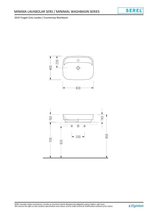 Serel Nıta Köşeli Batarya Delikli Lavabo (46X60) 2069TXS110H