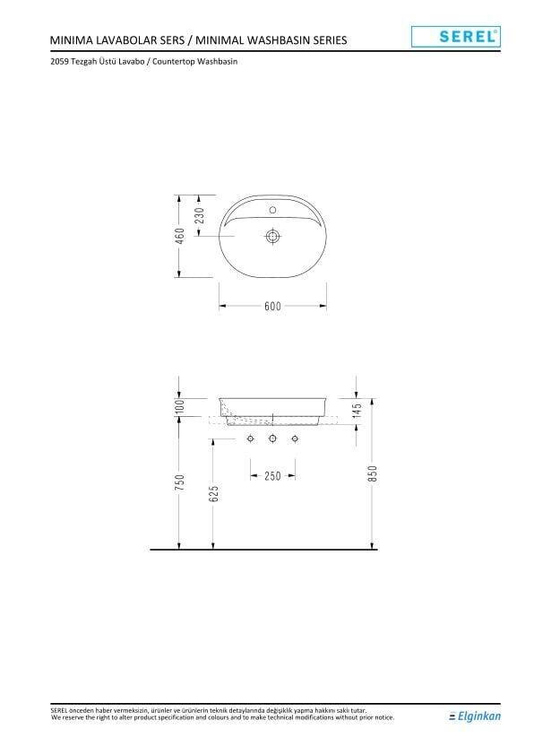 Serel Nıta Yuvarlak Batarya Delikli Lavabo (46X60) 2079TXS110H – Tezgah Üstü Lavabolar