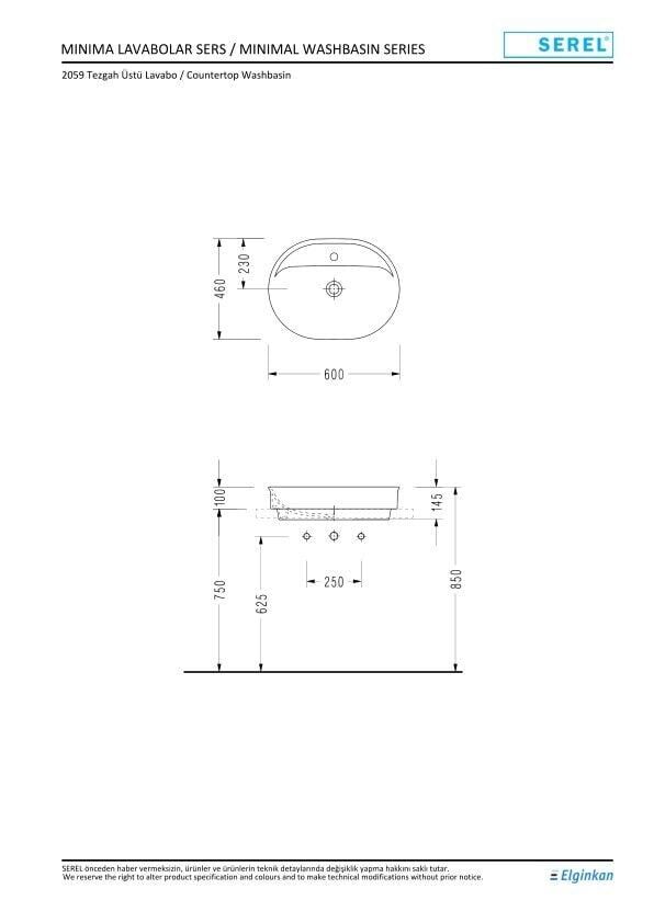 Serel Nıta Yuvarlak Batarya Delikli Lavabo (46X60) 2079TXS110H – Tezgah Üstü Lavabolar