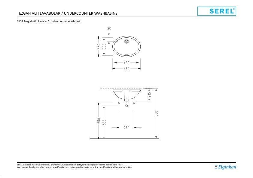 Serel Tezgah Altı Oval Lavabo (36X48) 0551DSS110H
