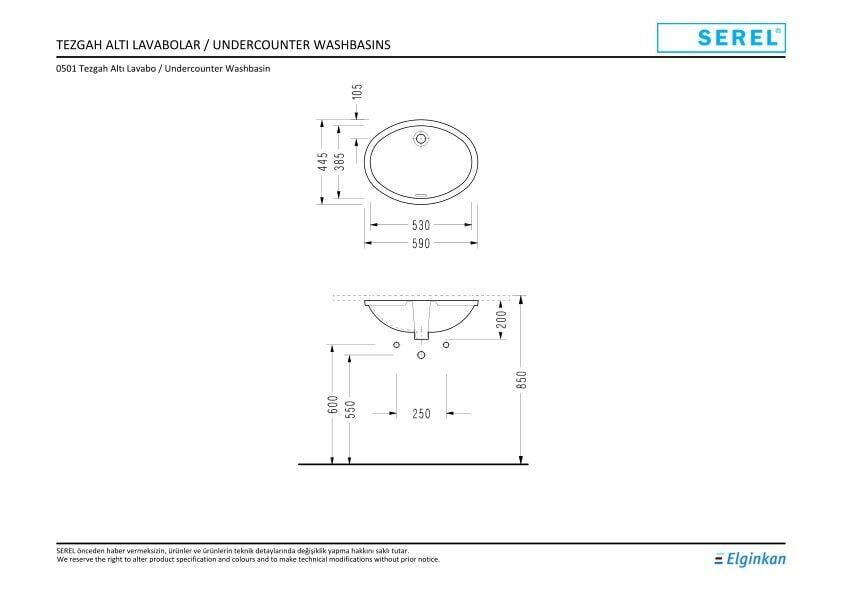 Serel Tezgah Altı Oval Lavabo (43,5X58) 0501DSS110H – Tezgah Üstü Lavabolar