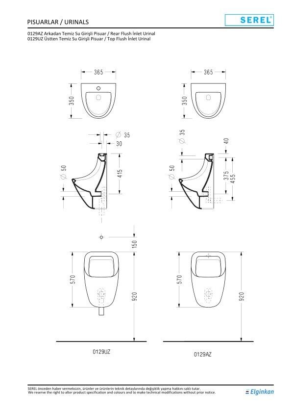 Serel Smart Arkadan Su Girişli Pisuar 0129AZS110H
