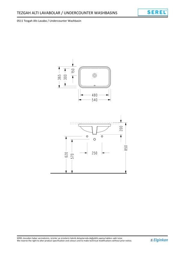Serel Star Tezgah Altı Dikdörtgen Lavabo (30X48) 0511DSS110H