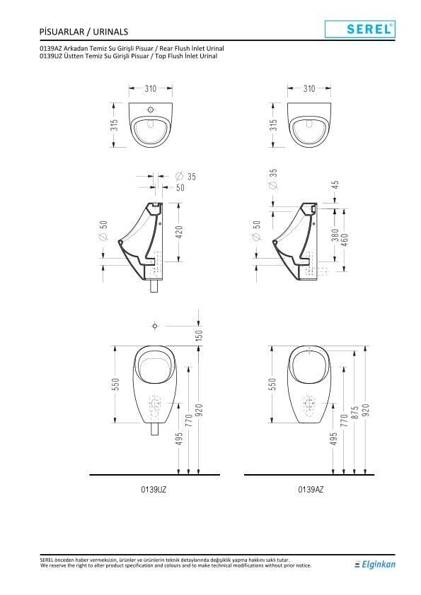Serel Arkadan Su Girişli Pisuar 0139AZS110H – Pisuvarlar