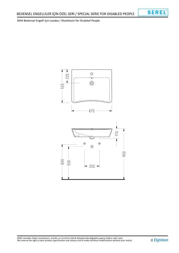 Serel Bedensel Engelli Lavabo (55,5X67,5) 3044TDS110H – Tezgah Üstü Lavabolar