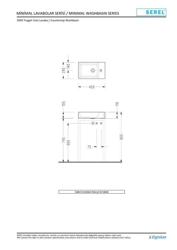Serel Tezgah Üstü Dikdörtgen Lavabo (28X45) 2049TXS110H