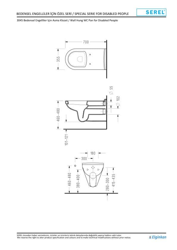 Serel Bedensel Engelli Asma Klozet (70X36) 3045ODS110H + Serel Beta  Yavaş Kapanan Klozet Kapaği 223BT00002