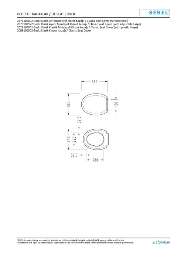 Serel Etna Btw Klozet (64X35,5) EN02GDS110H + Serel Gediz Klozet Kapağı 2276100002